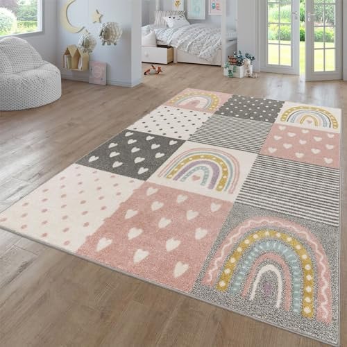 TT Home Teppich Kinderzimmer Kinderzimmerteppich Junge Mädchen Kinderteppich Modern Soft, Farbe:Grau Rosa Creme, Größe:133 cm Quadrat