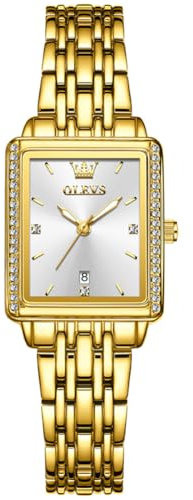 OLEVS Montre pour femme, petit cadran carré, montre de luxe dorée pour femme, montre élégante en acier inoxydable avec diamant, A3 - Cadran blanc/bracelet doré, Standard, Luxe :