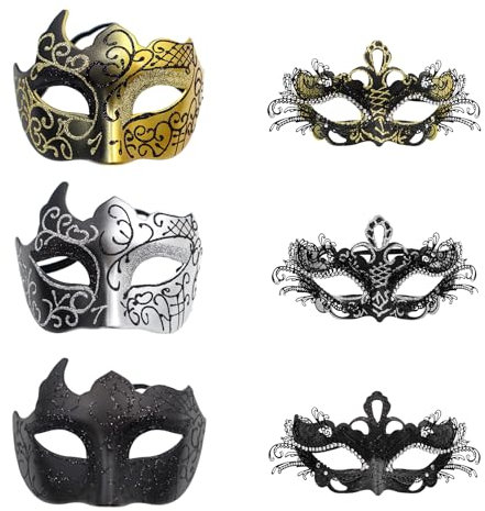 JewelryWe 6 Stück Venezianische Maskerade Maske: Schwarz Gold Silber Maskerade Maske Metallmaske mit Strass Augenmaske Kostüm Masken Set für Damen Herren Halloween Karneval Party Abschlussball