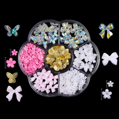 KARLOR Nail Charms Set,3D Flower Nail Decoration Pink Bow Nail Charms Butterfly Nail Art Decoration Resin Beads Acrylic Flower Nail Gems with Half Pearls for Acrylic Nail Art Accessories (7M-179)