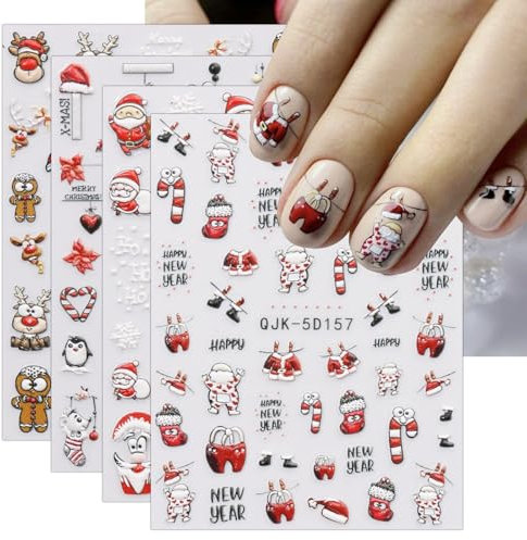 5D Christmas Nail Stickers, 4 Sheets 5D Self-Adhesive Embossed Nail Decal Cartoon Nail Art Decoration Design Supplies
