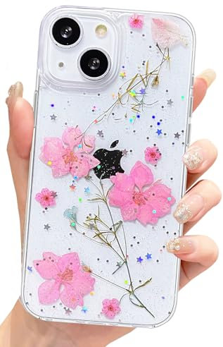 CEOKOK for iPhone 12 Mini/iPhone 13 Mini Case Clear Floral Pattern, Pink Real Dried Pressed Flower Designs Glitter Sparkle Transparent Soft TPU Shockproof Protective Aesthetic Women Girl's Phone Cover