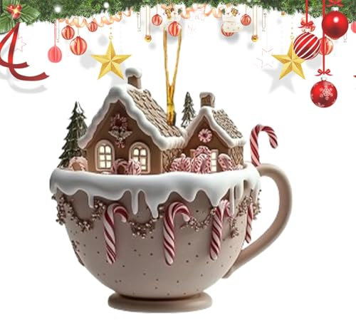 Wyttuubv Ornements de Chocolat Chaud de Noël - Maisons de Neige et Tasse pour Arbre de Noël - Breloque de Décoration 2D Acrylique