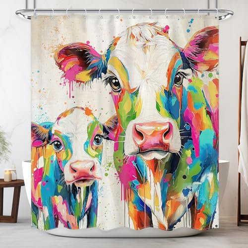 Newsely Farmhosue Hochlandkuh Duschvorhang, 152,4 x 183,9 cm, weißer Hintergrund, Ölgemälde, Kühe, rustikales Western-Tier-Badezimmer-Set, bunt, wasserdicht, Baddekoration, Zubehör, Heimdekoration