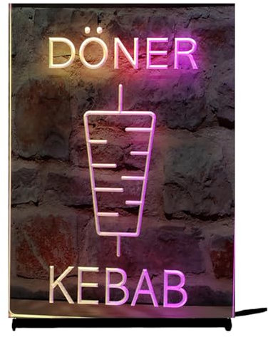 KEYQEEN Letrero de neón de Kebab, Luces de neón LED con atenuación RGB de aplicación para decoración de Tiendas de Kebab, Letrero Luminoso USB de Escritorio,30x20cm