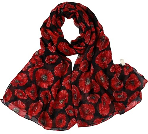GWAWG Mohn Chiffon Schal Damen, Schwarzer Chiffon Halstuch mit Roter Floraler Stola, Leichtes Tuch für Sommer Herbst Winter, Geschenkidee für Frauen