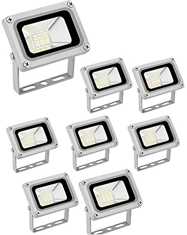 Tashace Lampada da Parete con proiettore da 10 W, Luce di Sicurezza a LED Impermeabile IP65 Super Luminosa 6500 K (Bianco Freddo), Lampada da Parete 12-24 V CC for parcheggio Esterno.(8 Packs)