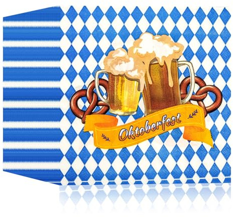 40 Stück Oktoberfest Servietten Deko,33x33cm Bayrische Papierservietten,Blau Weiß Einweg Papier Servietten für Oktoberfest Bierzelte Bayerische Deko und andere Feiern