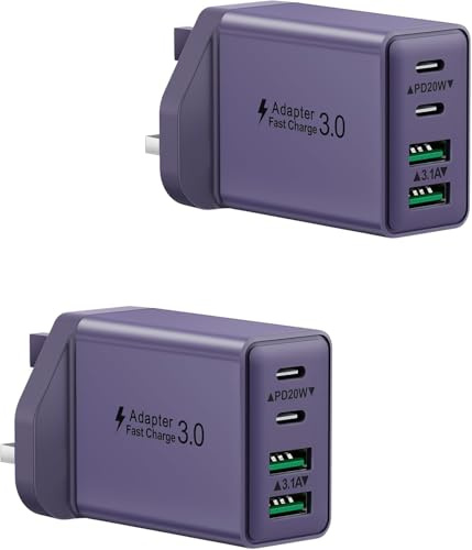 2-Pack USB C Charer Plug, 40W 4-Port Multi USB Plug UK Fast Charging Plug Dual 20W USBC Power Adapter+ QC Wall Plug Type C Plug for iPhone 16 15 14 13 12 11 Pro Max Plus, iPad