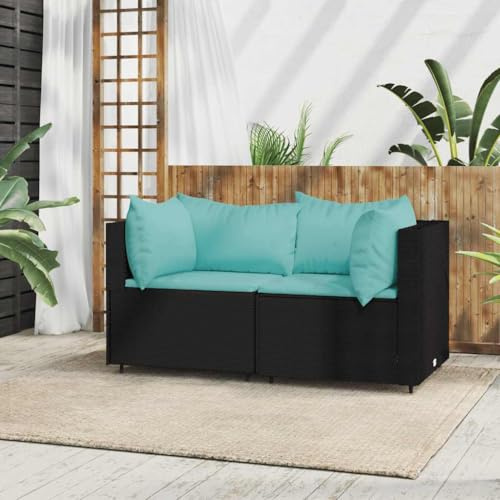 Frdhee Gartenmöbel Set,Garten-Ecksofas mit Kissen 2 STK. Schwarz Poly Rattan,Kleine Couch für Balkon