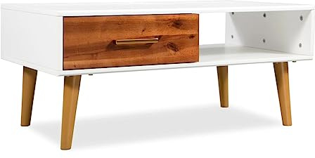 Tonture Couchtisch Massivholz Akazie 90x50x40 cm, Braun/Mattweiß, mit Schublade & Ablage, Robuster Wohnzimmertisch im Retro-Stil, Moderner Holztisch für Wohnräume