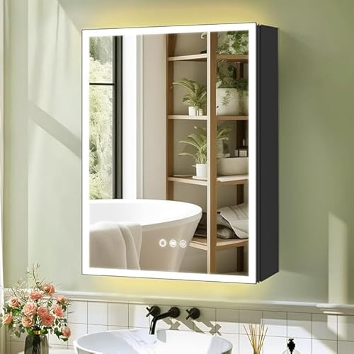 KAASUNES LED Mirror Cabinet with Light,Stepless Glass Shelf,3 Colors&Dimmer,Defogger,Internal light&USB Shaver Socket,Backlit&Frontal Lighting,51cm×71cm