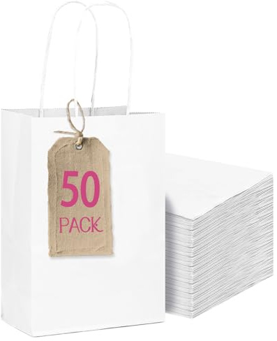 Gcardist 50 Stück Mini-Geschenktüten Weiß-Geschenktüten aus Papier mit Henkeln–-Tasche Partygeschenktüten für vielfältige Verwendungszwecke-12x6x15cm