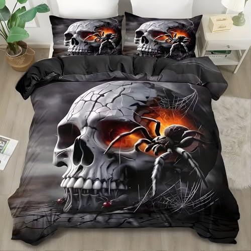YZQGLHP Weißer Totenkopf Bettwäsche 135x200 Schwarze Spinne Bettwäsche-Sets mit Reißverschluss Weich Flauschig Gebürstet 110g Microfaser Deckenbezug und 2 Kissenbezug 80x80cm