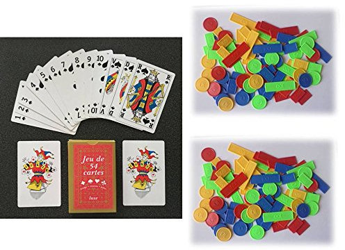 1 Jeu de 54 Cartes + 200 jetons : Poker, belote, Piquet, Manille, coinche, Bataille, menteur, soufflette, big up, Jeu des Chevaliers, Maitre du Jeu, biskit, etc