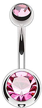 Taffstyle Bauchnabelpiercing Titan Stab Piercing Banana Bauch Bauchnabel Stecker Doppelte Kugel Zwei Glitzer Kristall Kurz Silber Pink 1,6mm x 8mm x 4x6mm
