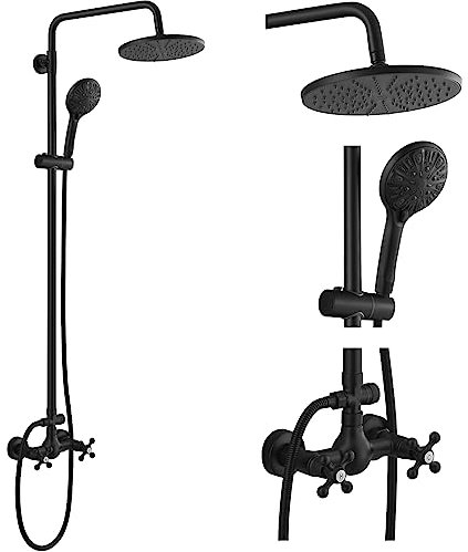 gotonovo Freiliegende Dusche Wasserhahn System 8 Zoll Regen Duschkopf mit 8 Funktionen ABS Handheld und Doppel Kreuz Griff Wandmontage Badezimmer Luxus Mixer Dusche Kürbis Wasserhahn Körper Matt