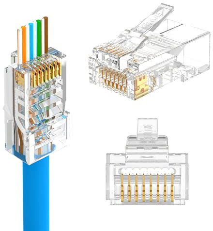 LEENUE 50 Pack RJ45 Connector Pass Through Cat5E, Gold-plated CAT5e Cat5 RJ45 Plugs, Ethernet Plug for 23-26AWG Solid or Stranded Network Cables