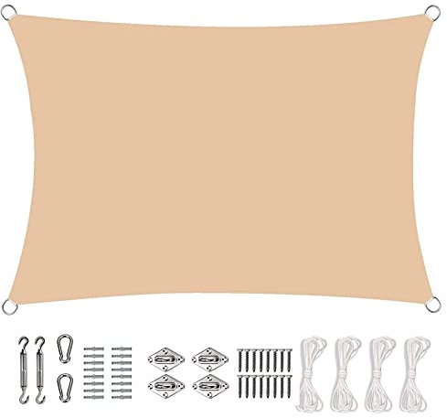 Voile d'ombrage étanche extérieur 5.5x5.5m Imperméable Anti UV Toile Tendue Extérieur Pare-Soleil avec Le Kit de Fixation pour Jardin Terrasse Balcon, Couleur Crème
