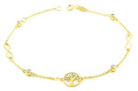 Bracelet Femme Fille Or Jaune 9 Carats Arbre de la Vie Circonite Brillant 18 cm - Coffret cadeau - Certificat de garantie - Mondepetit