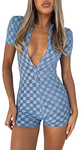 FeMereina Kurzärmeliger karierter Overall für Frauen, figurbetont, sexy V-Ausschnitt, Knöpfe, Strampler, Shorts, gestrickter einteiliger Bodysuit, Overall
