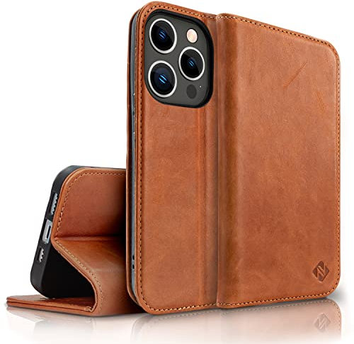 NALIA Flipcover in Vera Pelle compatibile con iPhone 14 Pro Custodia, Fatto a Mano 100% Pelle di Vacchetta Copertura con Protezione RFID, Slot per Carte & Funzione Stand, Cover Duro, Colore:Marrone