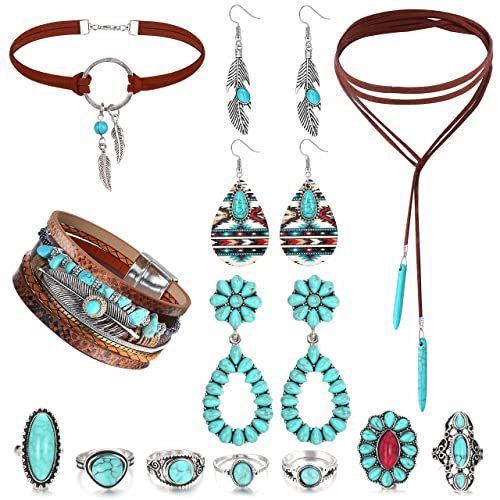 Morfetto Westernschmuck für Frauen Böhmischer Türkis Schmuckset Türkis Kunstleder Armreif Türkis Anhänger Choker Halskette Türkis Creolen Ohrringe Türkis Gelenkknöchel Ringe