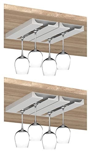 JYCRA 4 PCS Under Cabinet Punch-free Plastic Wine Glass Holder,No Drilling Stemware Rack Glasses Storage Hanger for Bar Kitchen,White