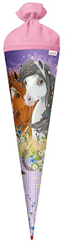 ROTH Schultüte groß Blumenpferde 70 cm - rund, Rot(h)-Spitze, Filzverschluss - Zuckertüte Pferde
