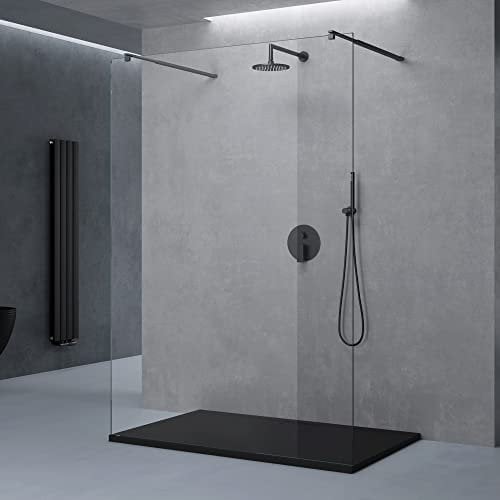 doporro Duschwand für Dusche Duschabtrennung 110x200 Walk-In schwarz mit Doppel-Stabilisator aus Echtglas 8mm ESG-Sicherheitsglas Klarglas inkl. Nanobeschichtung