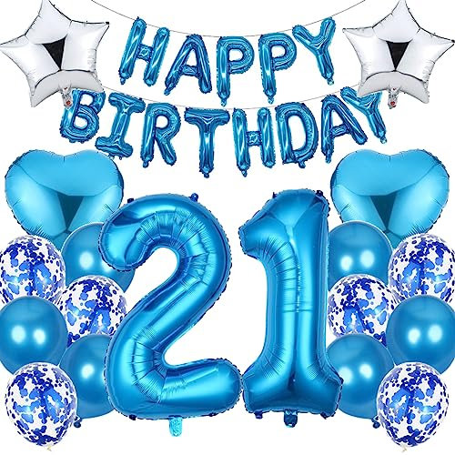 Ouceanwin Luftballon 21. Geburtstag Deko Jungen, Blau Geburtstagsdeko 21 Jahre Junge, Folienballon Happy Birthday Deko 21. Geburtstag Jungen Kinder, Ballons 21. Geburtstags Dekoration Set