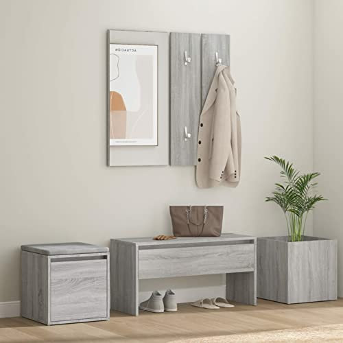 Homgoday Garderobe Set Holzwerkstoff Grau Sonoma mit Spiegel & Pflanzkasten - Wohnzimmer Deko & Sitzgelegenheit Model3120201
