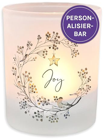 FEENSTAUB Windlicht Glas, Weihnachten Deko Winter, Teelichthalter Glas personalisiert mit Name, Winterdeko Innen, Kerzenglas Deko, Tischdeko Windlicht mit Spruch, Tischlicht