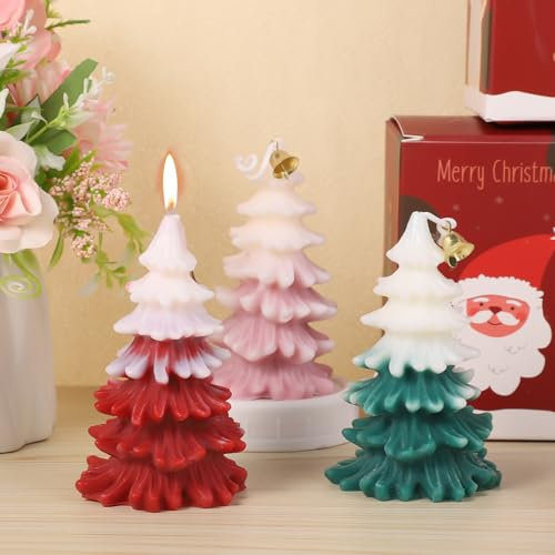 3pz Candele a Forma di Albero di Natale con Bell, Candela a Tema Natalizio Candela Profumata Natalizia per Relax Feste Vacanze Capodanno Regalo Decorazione (Rosso, Rosa, Verde)