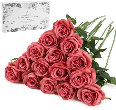 Tifuly Pink Fake Roses Artificial Flowers - 16 Pcs Fake Artificial Dusty Pink Roses Silk Flowers with Stems for Home Wedding Hotel Office Centerpiece Decor