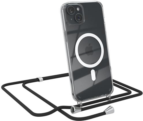 EAZY CASE - Handykette kompatibel mit iPhone 15 Plus Kette zum Umhängen Stoßfest Handyhülle für iPhone 15 Plus Silikon Hülle mit Band Handytasche Transparent als Fallschutz in Schwarz - Clips Silber