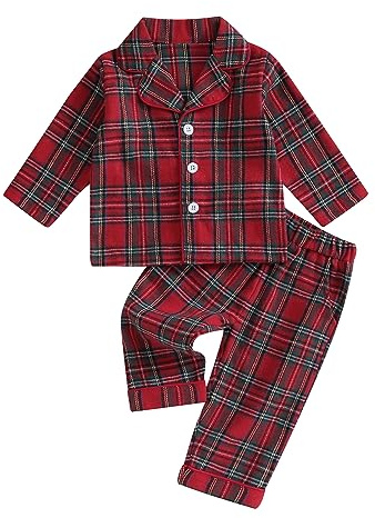 Carolilly Ensemble Pyjama Enfant Bébé Unisexe en Carreaux Rouge de 2 Pièces, Haut à Manches Longues Boutonné Devant Col à Revers + Pantalon (6 Mois à 4 Ans)