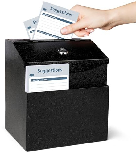 Vorschlagsbox mit Schlitz und Schloss, Metall, 21,3 x 14,7 x 17,8 cm, integriertes Staufach, 50 Vorschlagskarten, Trinkgeld, Wahlurne, Gebet, Kommentar, Lehrer, Briefkasten, Klassenzimmer, Restaurant