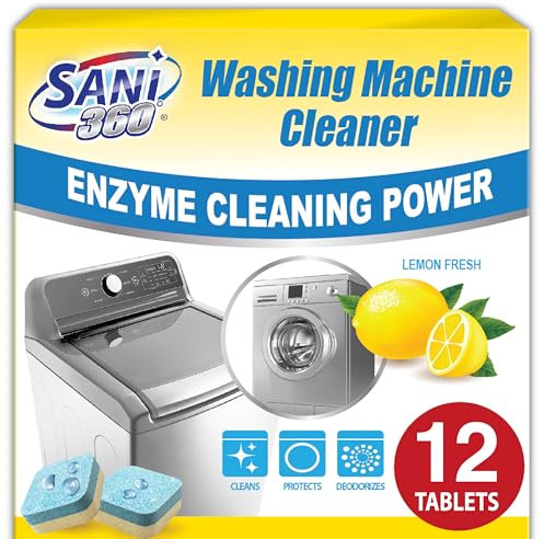 SANI 360° Washing Machine Cleaning tablets, 12 pack is Formulated with Enzyme, Deep Cleans and Deodorizes Front and Top Loading Washers use up to 1 year supply Lemon Scent