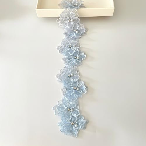 Spitzenband mit 3D-Perlen, Blumenapplikation, bestickter Spitzenstoff zum Nähen, Basteln, 2 Meter (blau)