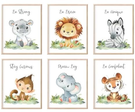 Auguriando 6er Set Poster Drucke Bilder Kinderzimmer Babyzimmer Deko A4 Waldtiere Safari Afrika - ohne Rahmen