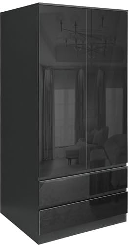 High Gloss Bedroom Wardrobes 2 Door 2 Drawer Wardrobe with Shelf Hanging Rail Cloth Storage Wooden Wardrobe with Drawer Large Cupboard Bedroom Furniture, Black