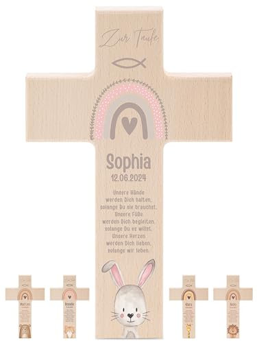 wunderwunsch - Personalisiertes Taufkreuz mit hochwertigem Spezial-Druck aus massivem Buchenholz - Taufe Geschenk - Holzkreuz Taufe (Hase)