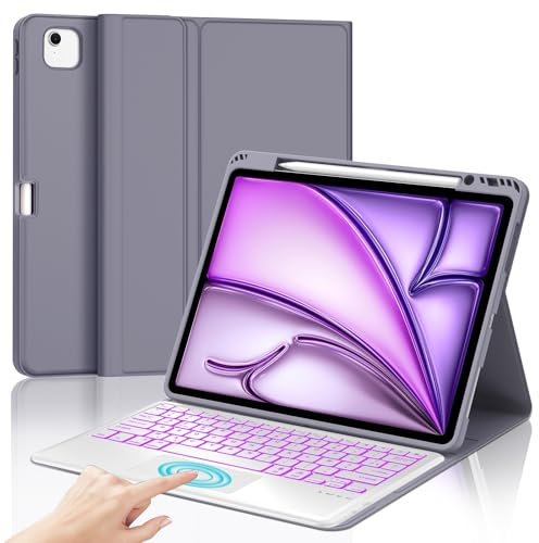 Clavier iPad Air 13 Pouces (M2 2024/M3 2025) avec Pavé Tactile, rétroéclairé 7 Couleurs AZERTY Français Clavier Coque, Étui Clavier Trackpad Détachable Bluetooth pour iPad Air 13, Pourpre lavande