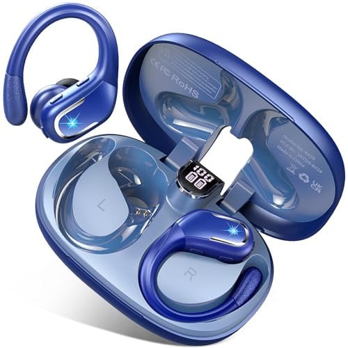 Wireless Earbuds, Bluetooth 5.3 Headphones Sport, 75H Hi-Fi Stereo Wireless Earphones with 4 ENC Noise Canceling Mic, IP7 Waterproof Over Ear Buds with Earhooks, LED Display Bluetooth Earbuds, blue