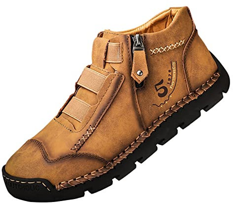 Generisch Handgemachte Lederschuhe Herren, Sneaker Mit Seitlichem Reißverschluss Herren, Wanderschuhe rutschfest Trekkingschuhe Kunstleder Outdoorschuhe Flache Sohle Freizeitschuhe Verschleißfest