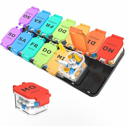 Large Pill Boxes 7 Day 2 Times a Day, Weekly Tablet Boxes 7 Day Am and Pm with 14 Detachable Pill Organiser, Portable Dossett Pill Box 7 Day Daily Pill Case for Medication Vitamins Fish Oil