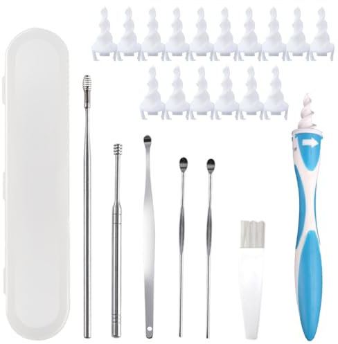 PEXIVOZ Kit Nettoyeur d'Oreilles 6 Pièces - Cure Oreilles avec 6 Têtes de Remplacement et 6 Cuillères en Acier Inoxydable, Nettoyage en 360 Degrés, Lavable et Réutilisable, Outils de Soin des Oreilles