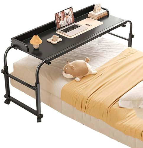 Table de lit réglable avec roulettes, plateau roulant pour ordinateur portable, station de travail, chaise de lit, chariot de rangement avec déflecteur pour la maison et le bureau, noir (taille : 140
