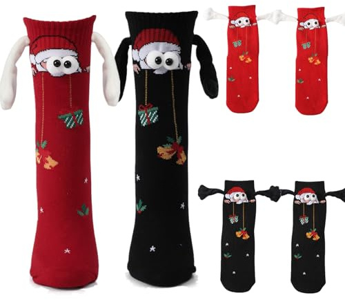 Litthing 2 Paar Weihnachtssocken Magnetische Socken für Paare Hand in Hand Socken Magnet 35-43 Freundschaftssocken Geschenke für Freund Partner Familie